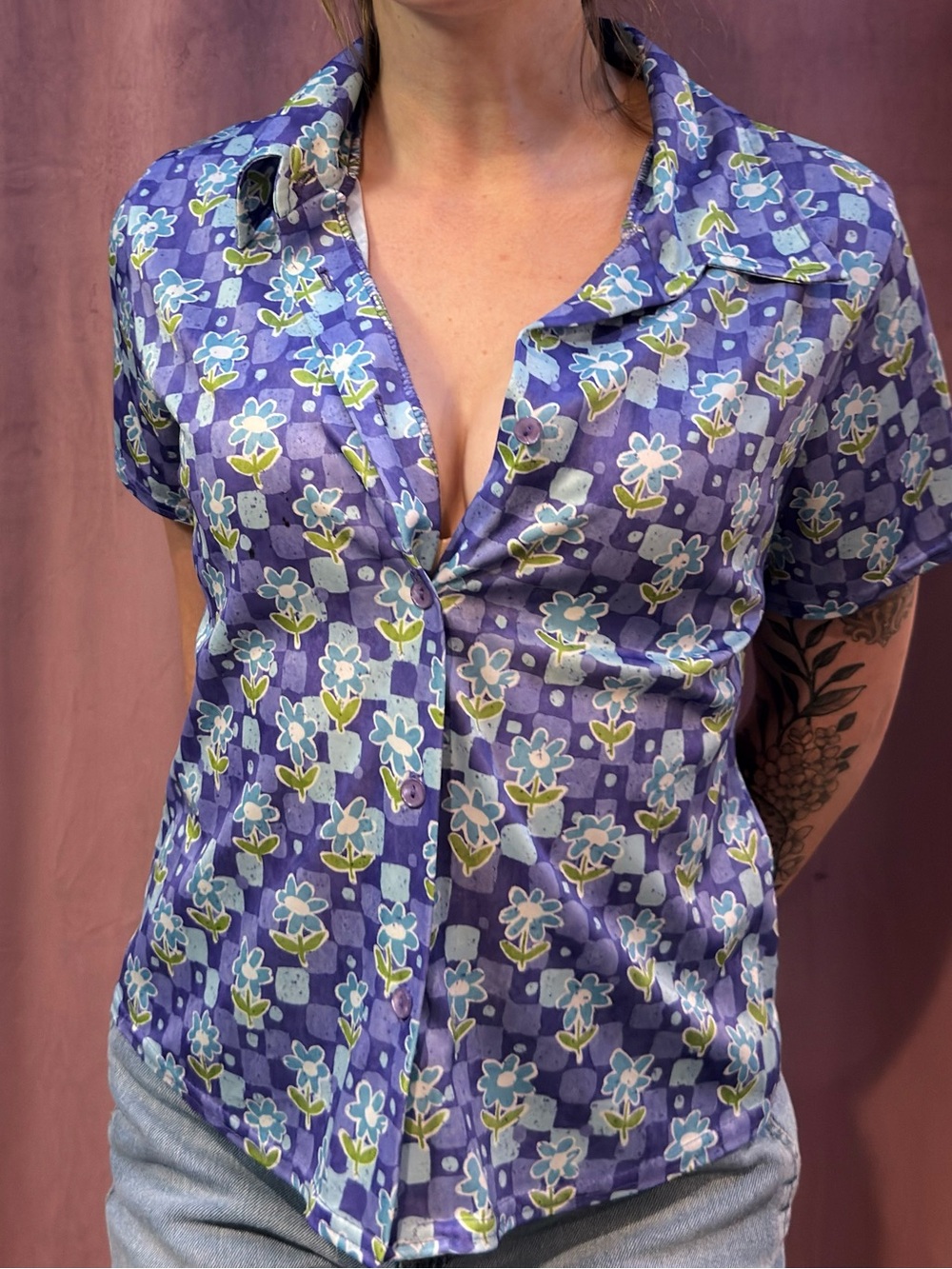 Vintage Road Rags Purple Blue Floral Checker Button Up Top Medium